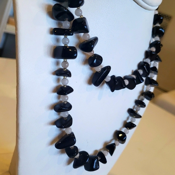 STERLING SILVER QUARTZ ONYX LAYERING STACK NECKLACE LONG - Picture 2 of 6